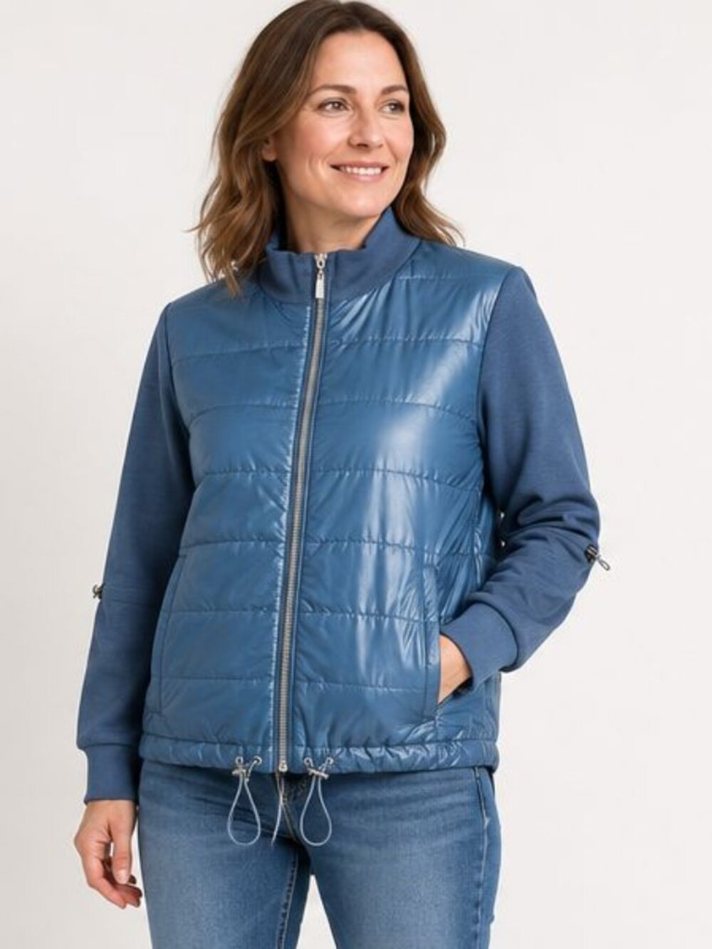 Chico's Zenergy 2 L 12 14 Sky Blue Mixed Fabric Zip Front Quilted Jacket Pockets